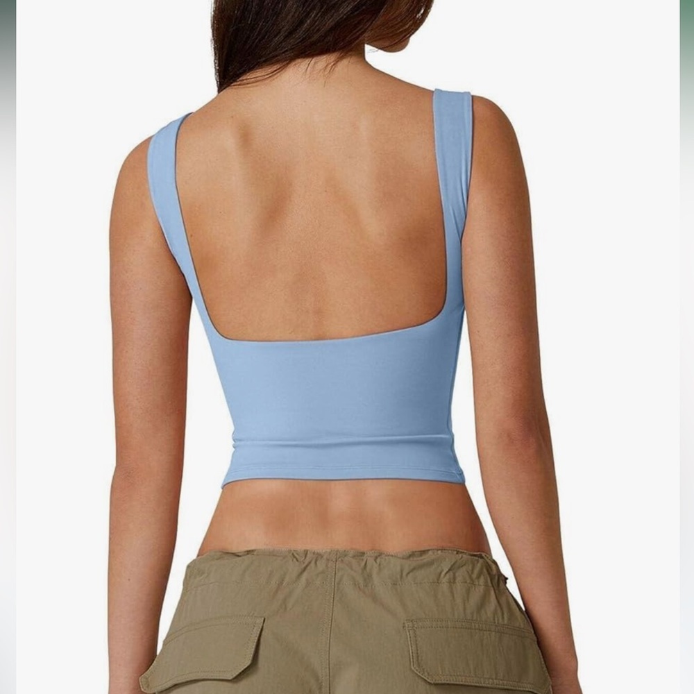 QINSEN Women Open Back Crop Tank Top High Neck Slim Fit Blue Y2K Sleeveless XS-M
